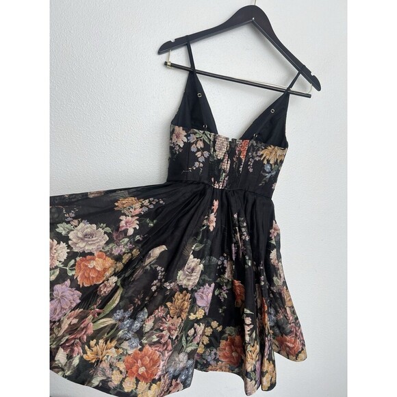 Zimmermann Pavilion V Neck Mini Dress in Black Multi Floral Linen Silk AU 1 US 6 - Picture 12 of 16